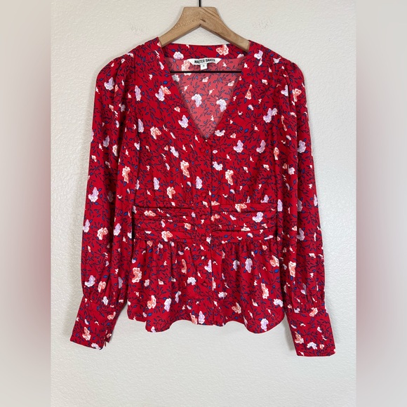 Walter Baker Clara Top Red Apple Blossom Printed Peplum Floral Blouse Small $158 - Picture 3 of 13